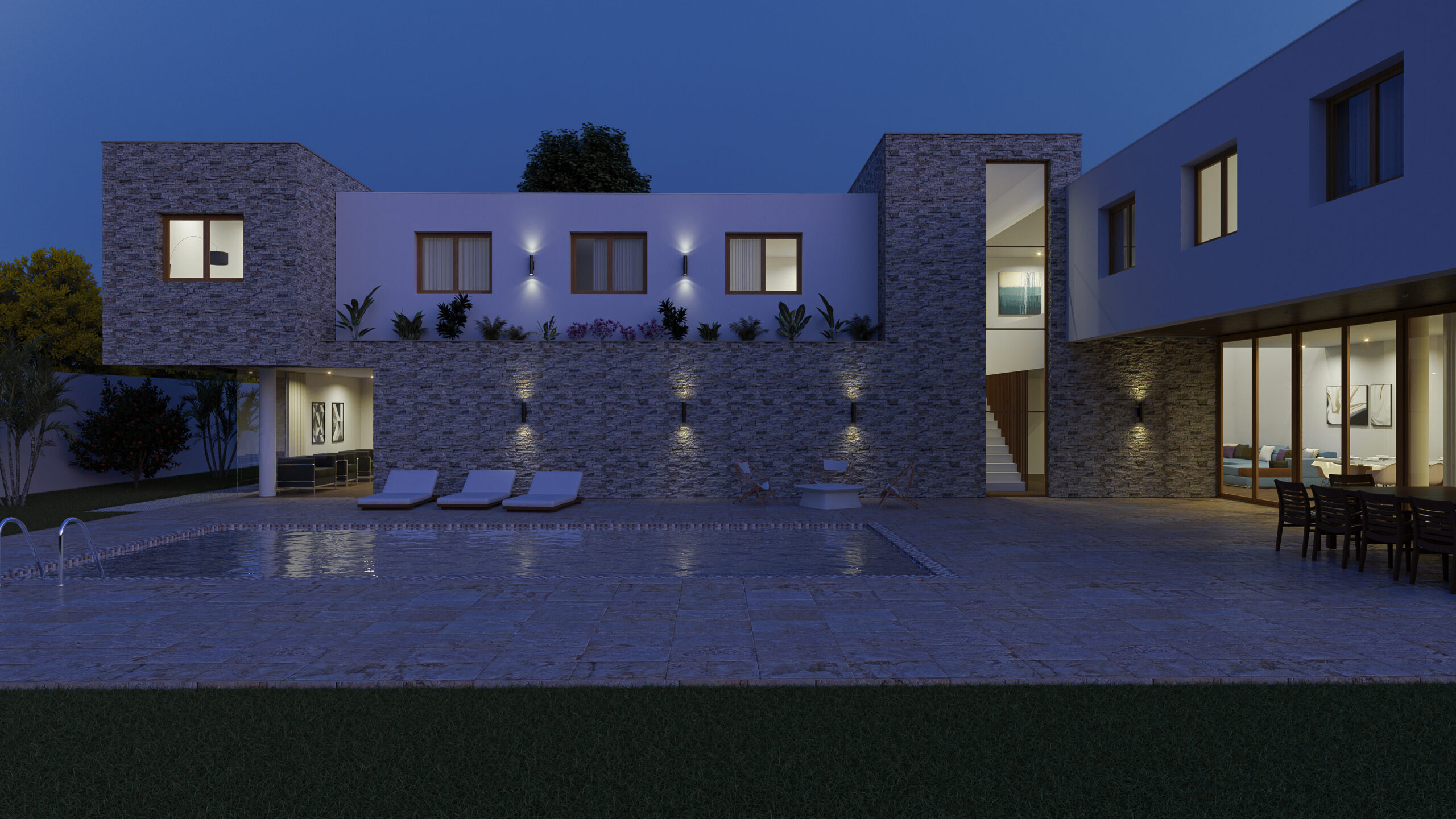 Render nocturno de vivienda unifamiliar 01